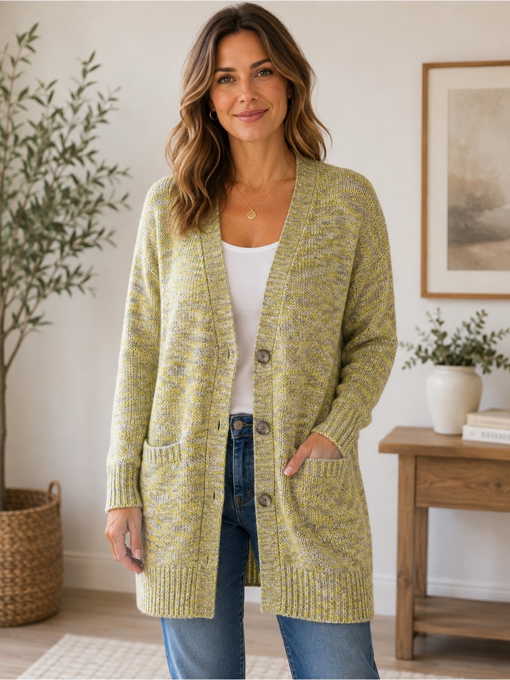 Hinge Nordstrom Lime Gray Marled Long Cardigan Sweater M